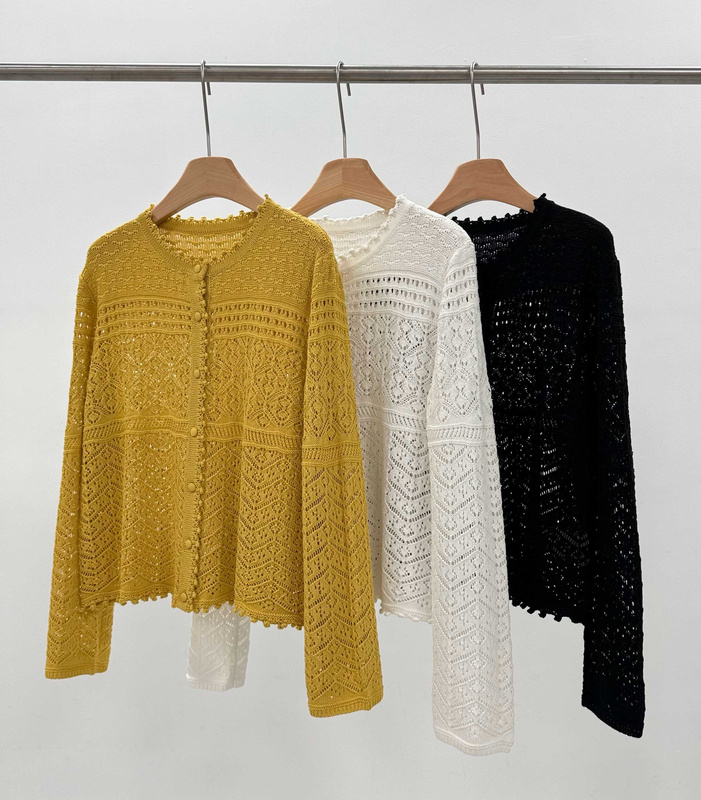 Spring and Summer New Style Hollow Crochet Round Neck Cotton Blend Fabric Buttoned Round Neck Knitted Cardigan Vacation Style Thin Jacket for Women