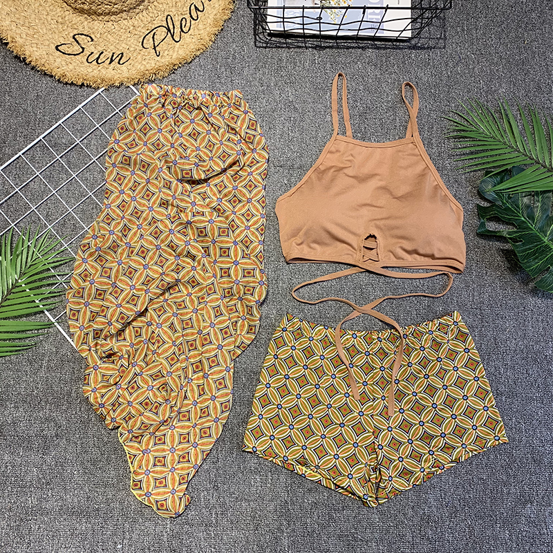 Swimsuit women's two-piece three-piece long dress thin chest gathered conservative beach vacation ins hot spring swimming suit