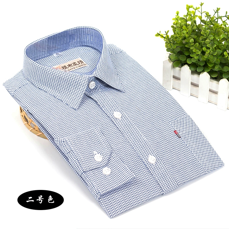 Mùa xuân và mùa thu mẫu cotton cũ thô vải sơ mi xanh trung niên nam dài tay kẻ sọc sọc thường áo cotton miễn phí