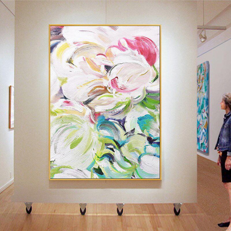 Pure hand-painted oil painting Peony home entrance flower Modern restaurant hanging painting Light luxury living room Beauty salon decoration painting mural