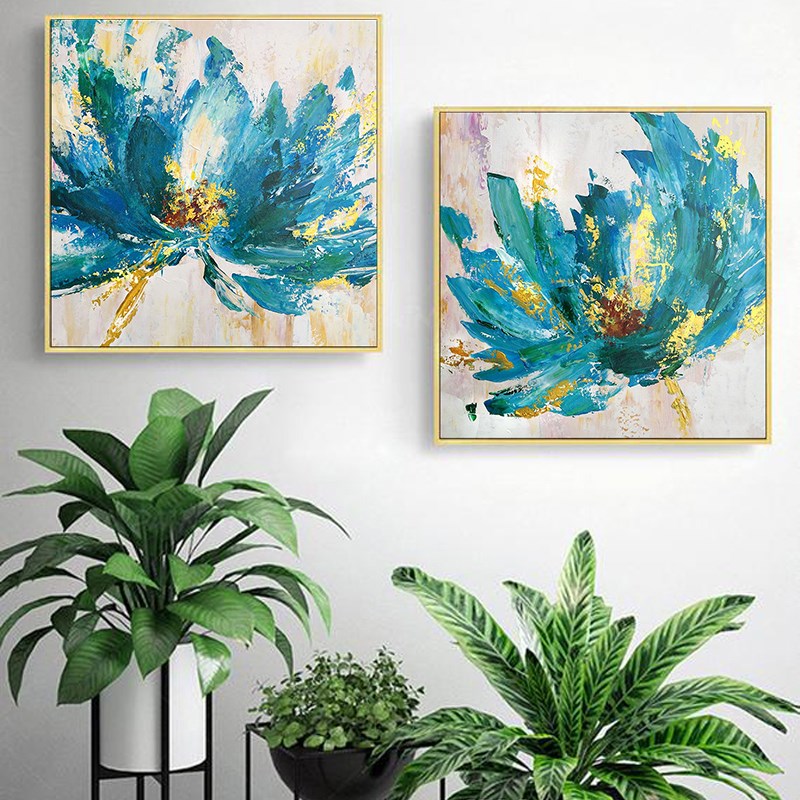 Oil painting hand-painted blue petals two-piece living room painting sofa background wall corridor modern decorative painting study mural