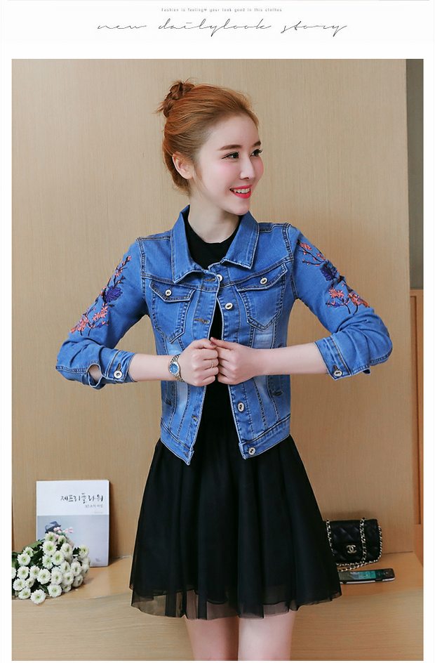 2018 Áo khoác ngắn thêu nữ mùa xuân và mùa thu Hàn Quốc Joker Top Slim Jeans thêu áo khoác kích thước lớn áo khoác gió nữ
