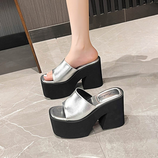 Tacón grueso de 11 cm, tacones súper altos, plataforma impermeable, bizcocho, suela gruesa, sandalias plateadas para uso exterior, zapatillas de boca de pez de moda para mujer