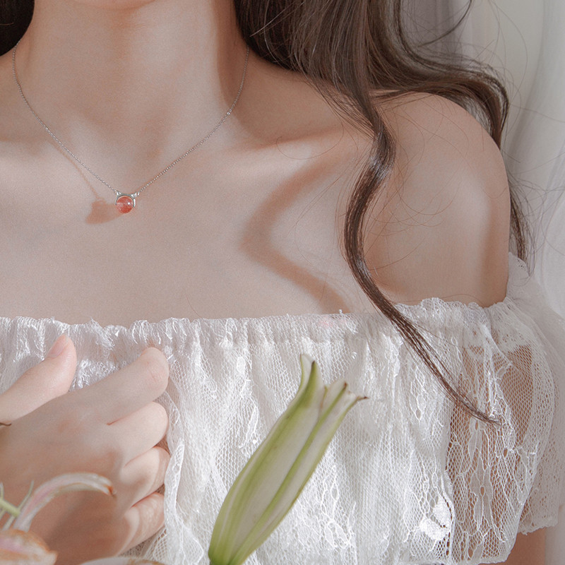 Kitty Pink Crystal Necklace Woman Pure Silver Korean Version Brief Student Little Fresher Girl Hearts Lock Bone Chain Pendant