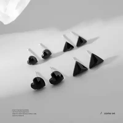 Black agate ear needle 2021 New Tide ear needle female sterling silver earrings simple cold wind women small silver earrings