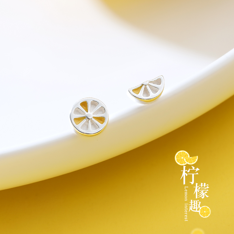 Lemon Asymmetrical Ear Needle Summer Fresh 100 lap cute ear nail woman pure silver small Jane about small student silver ear nail