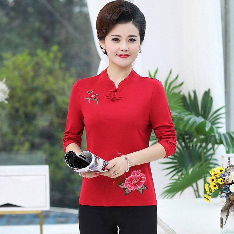 Mom dressed long sleeve T-shirt female national wind embroidery blouse in old woman clothes plus thicken banner collar