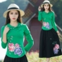 Phong cách dân tộc phụ nữ thêu hoa retro ve áo mùa thu áo sơ mi nữ cotton dài tay áo thun nam áo phông nữ rộng