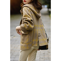 Fashion comfortable check long wool double-sided hooded coat warm ELDY47141