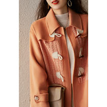 Retro horn buckle "handicraft" knitted stitching Australian wool double-sided tweed coat female ELDY47149