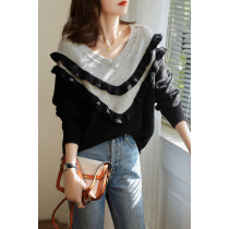 Sweet temperament double-layer wood ear matching large V-neck loose shoulder sleeve wool knit female ELZY45922