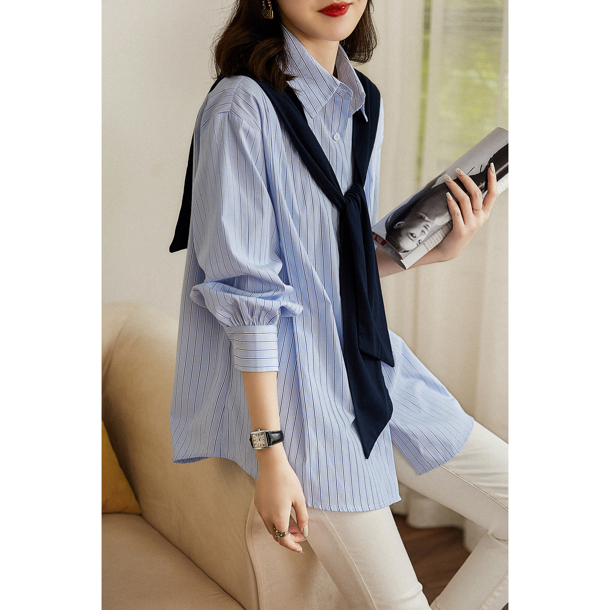 Stack Lap Cotton Blue White Classic Striped Shirt Independent Shawl Casual Trendy Looser version ELCY45777