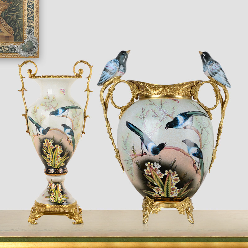 Eurobird Language Floral Aroma Bronze accessories Ceramic Binaural Vase Pendulum Pieces American Flower Arrangement Tabletop Villa home Decorative Goods