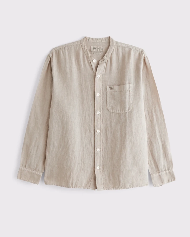 Af Abercrombie&Fitch Little Deer Linen Logo Collarless Shirt Af Abercrombie&Fitch Little Deer Linen Logo Collarless Shirt