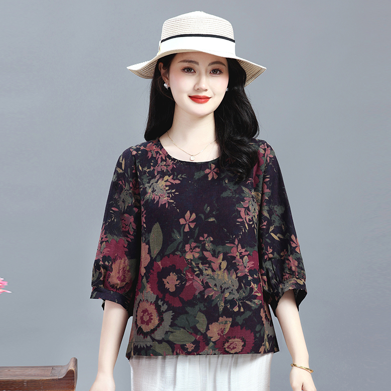 2025 Retro Cotton and Linen Printed Round Neck Half-Sleeve T-Shirt for Women, Loose Large Size, Slimming, Artistic Short-Sleeve Top