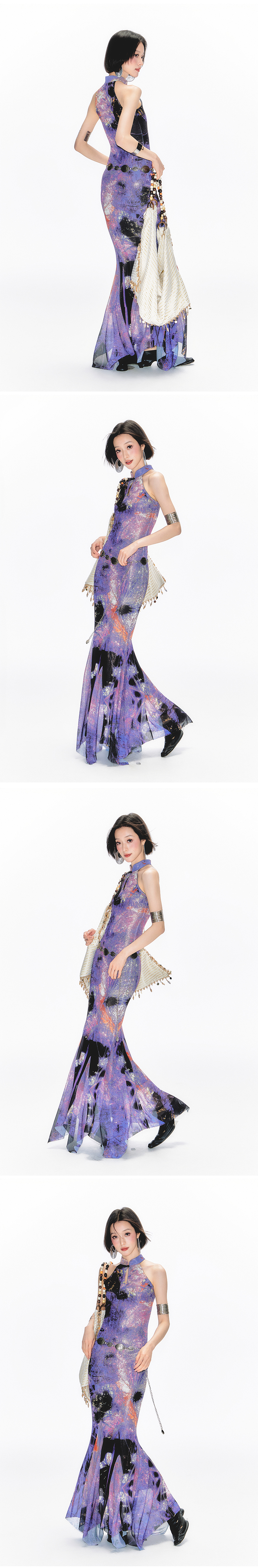 Yang Er Da Meng original National style purple printing halter  Sleeveless cheongsam Dress female New Chinese style stand collar longuette