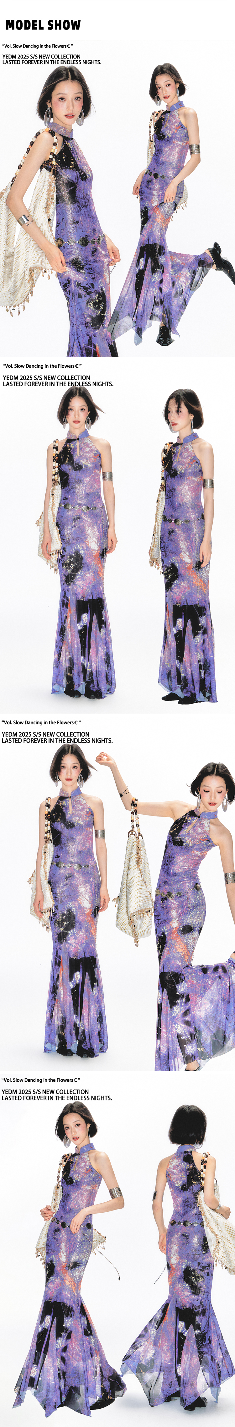 Yang Er Da Meng original National style purple printing halter  Sleeveless cheongsam Dress female New Chinese style stand collar longuette