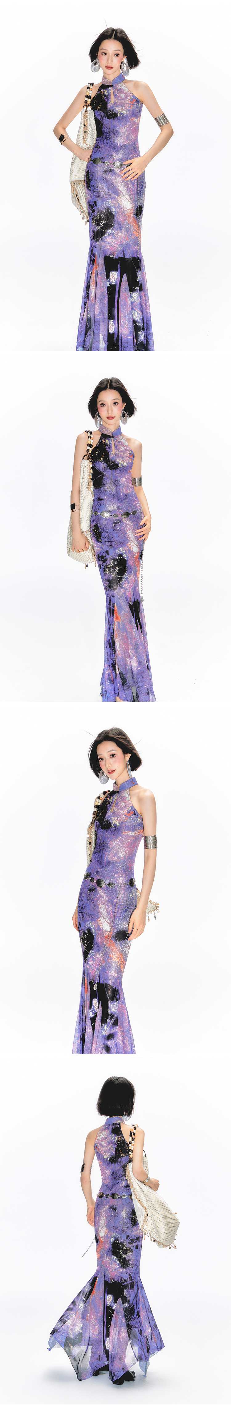 Yang Er Da Meng original National style purple printing halter  Sleeveless cheongsam Dress female New Chinese style stand collar longuette