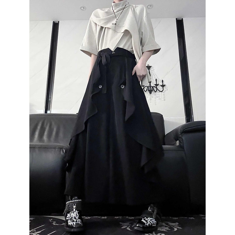 Black Irregular Culottes for Men and Women, Spring Unisex Wear, Original Design, Niche Wide-Leg Cropped Culottes, Trendy Black Irregular Culottes for Men and Women, Spring Unisex Wear, Original Design, Niche Wide-Leg Cropped Culottes, Trendy