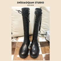 (Shi Xiaoqian)WOMENs knight boots womens 2020 new black leather mid-length boots all-match lace-up boots