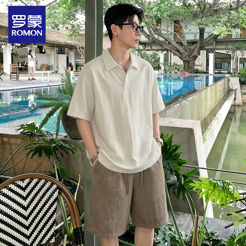 Romon Old Money Style Tencel Linen Suit Men's Summer Thin Ice Silk Lapel Short Sleeve Polo Shirt and Shorts Set