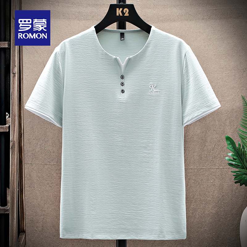 Romon Men's Linen Short-Sleeve T-Shirt, Summer Thin Style, Sweetheart V-Neck, Fake Two-Piece Round Neck, Ice Silk Men's Clothing Top