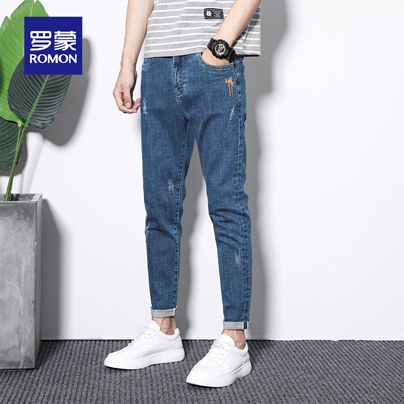 Roemon men's jeans spring and summer Korean version trendy casual handsome pants with small foot boomers 9-90% pants