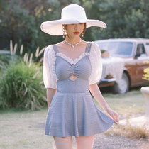 Swimwear women hot spring 2021 New ins Wind summer conservative student girl fashion short sleeve one dress swimsuit