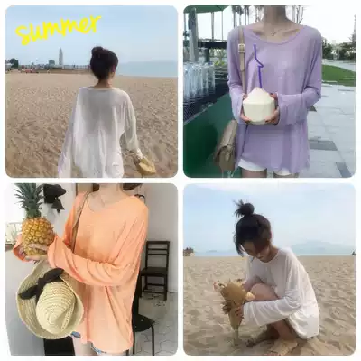 ins seaside vacation thin bikini blouse candy color swimsuit outer long-sleeved pullover women's beach sunscreen clothes