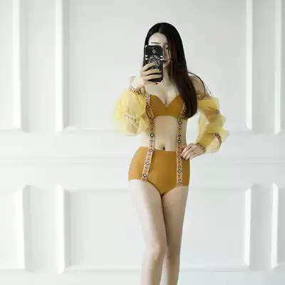 2021 summer ins swimsuit female summer net red one-piece sexy long-sleeved fairy fan small chest gathered hot spring bikini