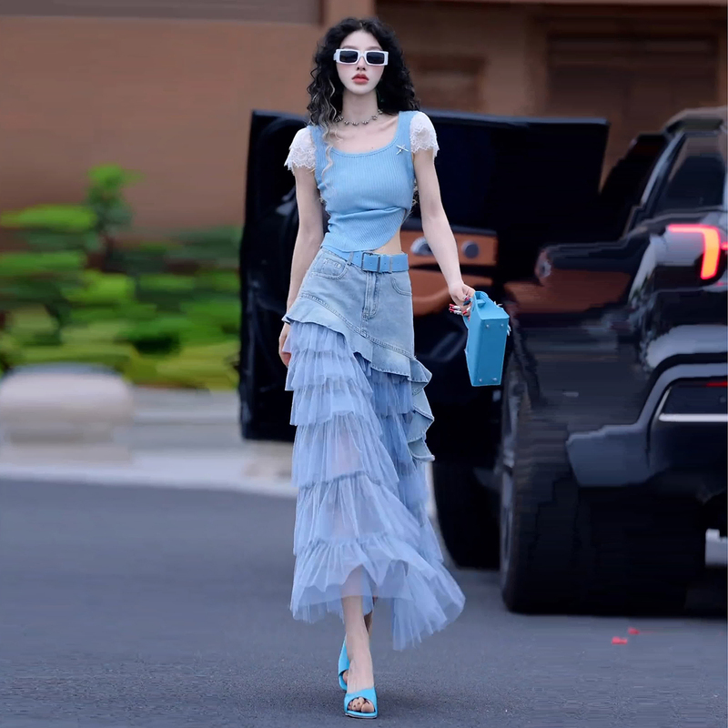 2026 Dopamine Blue Casual Suit for Women Summer Age-Reducing Stylish Short-Sleeve Mesh Denim Skirt Two-Piece Set