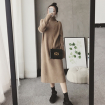 High collar sweater woman loose with lazy wind in the middle of a knee and autumn winter thickened cover with a hitch bottom knit one-piece dress