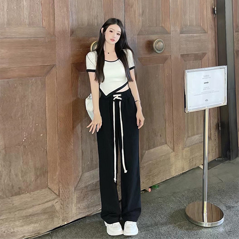 Pure Desire Wind Fashion Casual Sports Suit Women Summer Thin web Red Fried Street Foreign Pie-less Broadlegged Pants Two Sets