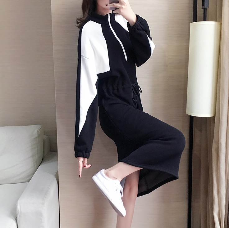 Sweater women's spring and autumn thin section 2019 new loose Korean version long-sleeved half-high collar mid-length waist waist-over-the-knee sweater dress