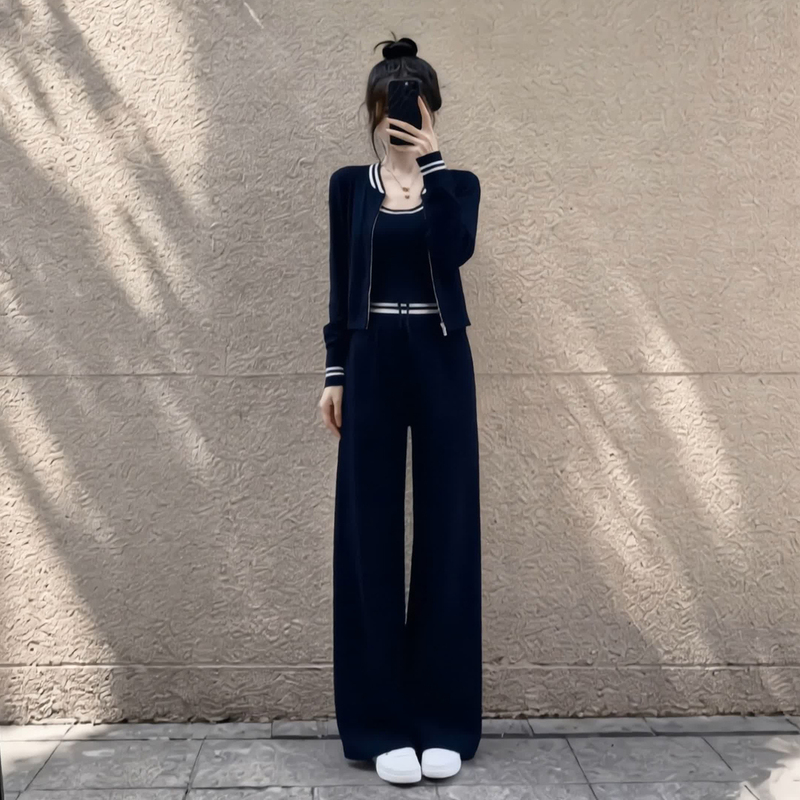 Super Popular Autumn Chanel-Style Navy Blue Knitted Casual Sports Suit for Women, Fashionable Age-Reducing Wide-Leg Pants Three-Piece Set Super Popular Autumn Chanel-Style Navy Blue Knitted Casual Sports Suit for Women, Fashionable Age-Reducing Wide-Leg Pants Three-Piece Set