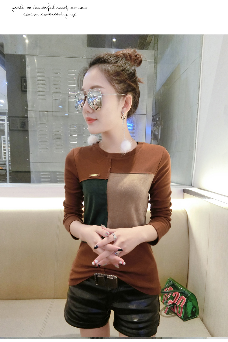 Thu đông 2018 phiên bản Hàn Quốc mới của áo sandal phối màu phù hợp với áo thun nữ tay dài Áo thun mỏng thời trang hoang dã hàng đầu áo phông nữ rộng