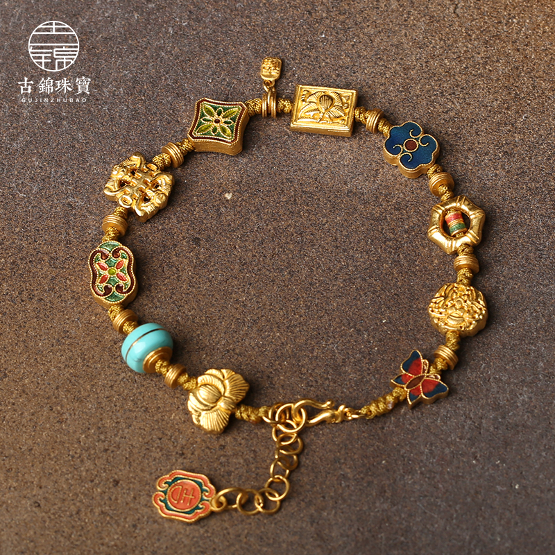 Ancient brocade jewelry 999 pure gold heritage ancient method hand-burned blue chisel engraved lucky Nafu woven 24k gold bracelet