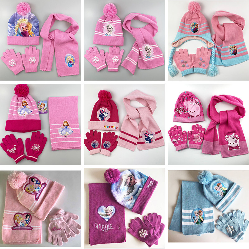 Girl Hat Princess Hat Winter Style Warm Baby Knit Wool Thread Scarf Girl Child Scarves Gloves Three Sets