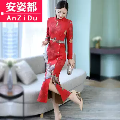 Autumn and winter Chinese style women's retro modified fishtail cheongsam deerskin velvet dress temperament bag hip mid-long skirt