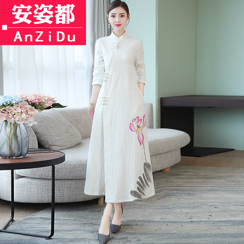 Tea suit female autumn Zen Chinese style style retro style style and style dress improved flaggown cotton long sleeved dress