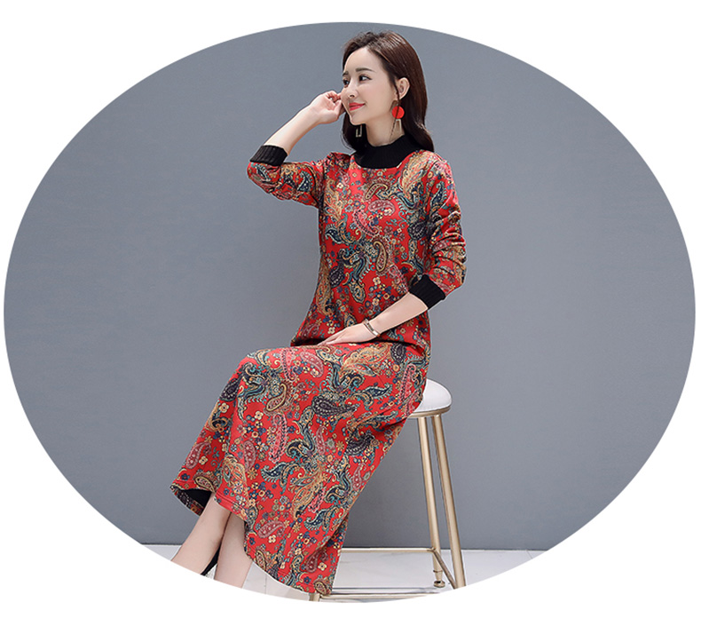 Váy mùa đông dày nữ cộng với nhung mùa thu và váy mùa đông đáy váy dài tay khí chất 2018 mới kiểu quần áo nữ quốc gia váy công chúa dài