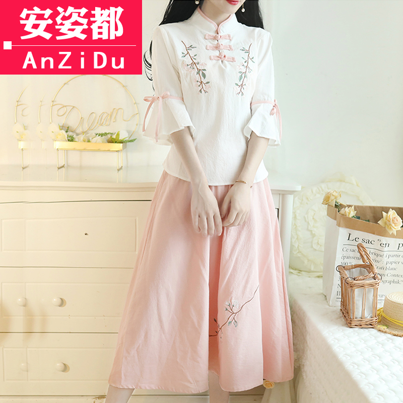 The Republic of China Feminists of the Republic of China with a Tang Dress Suit and a summer dress Two style retro style cotton linen clothes Chinese Wind Improvement Qipao Blouse
