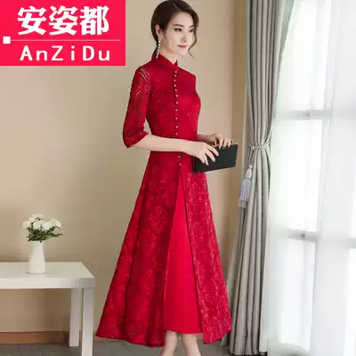 Spring and Autumn Chinese style women's retro lace Chinese cheongsam dress modified version medium and long version temperament red skirt