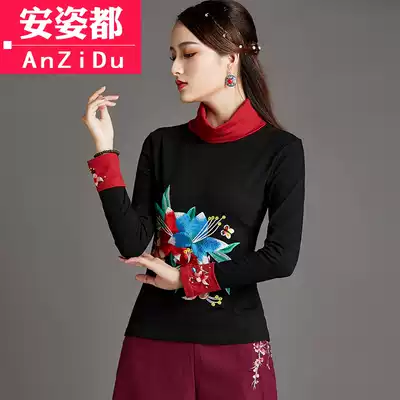 Early autumn new women's clothing 2019 national style slim-fitting embroidered T-shirt women's long-sleeved large-size top winter turtleneck bottoming shirt