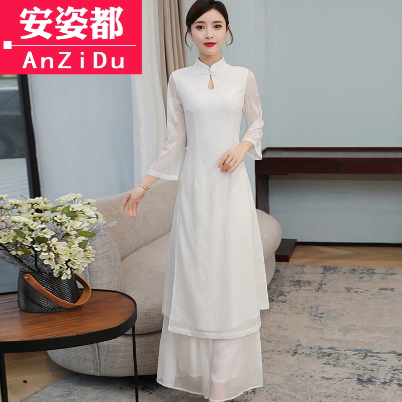 Dịch vụ trà nữ Zen Zen đầm Trung Quốc retro dài váy mùa xuân và mùa hè Phong cách Trung Quốc Quần áo nữ Hanfu sườn xám phiên bản cải tiến trang phục - Váy eo cao