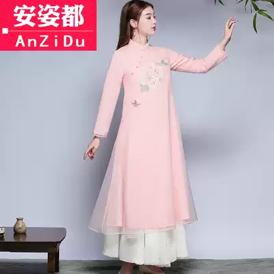 Tea clothing autumn and winter Zen suit tea artist Zen dance costume fairy Chinese style women's cheongsam modified version of dress