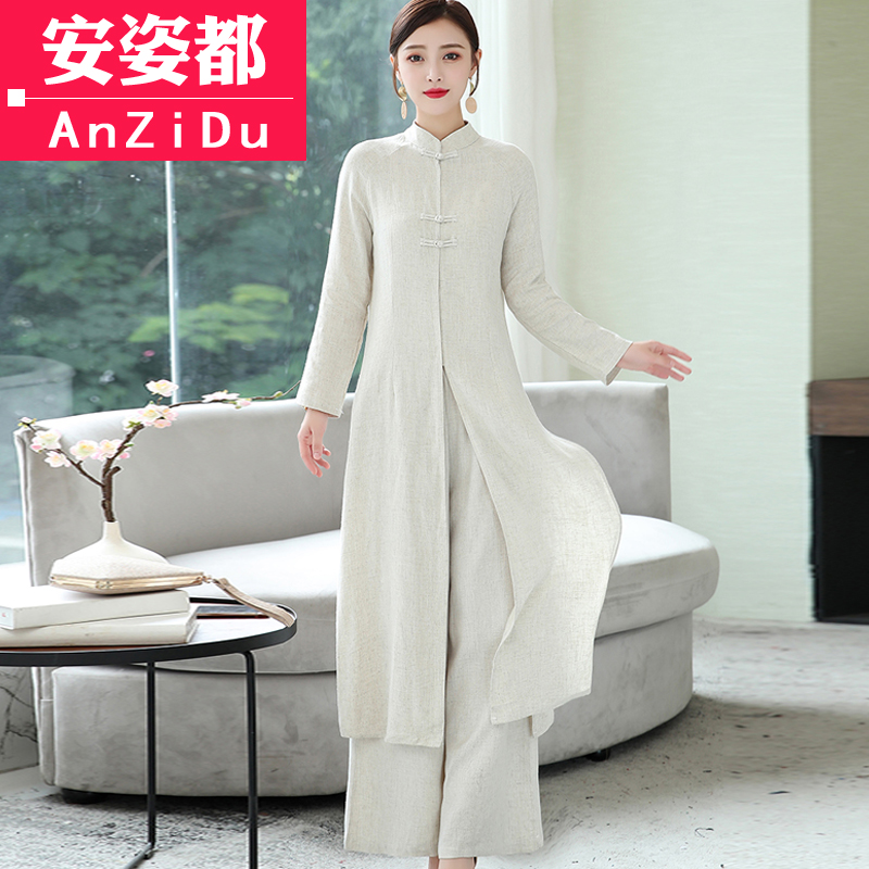 Chinese women's clothing cotton linen tea for autumn and winter Zen Serie sweatwear Chinese wind improved qipao blouses Tangdress suit