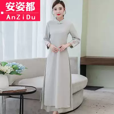 Autumn and winter Chinese style women's vintage tea clothing Zen clothing Hanfu cheongsam modified version of the dress medium and long version of the skirt