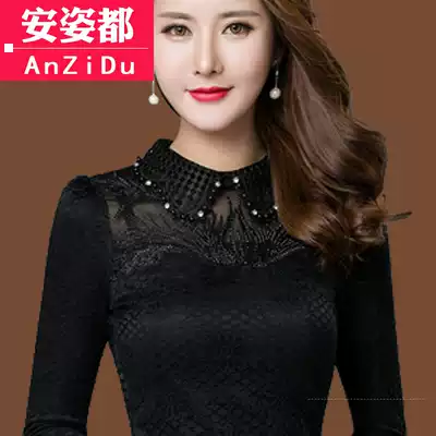 Autumn and winter women's baby collar thick velvet base shirt women's long sleeve winter thick lace shirt warm small shirt big size shirt