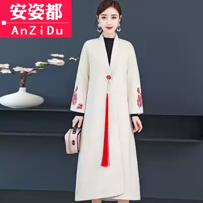 Hairy coat women's autumn and winter long version of Chinese clothes improved woolen coat Chinese style women's tea clothing Zen woolen coat